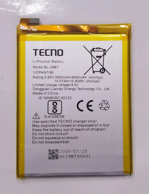 3900 мА/ч 3 85 V Батарея для TECNO BL 39BT I5 PRO мобильного телефона мА/ч. Аккумулятор Bateria