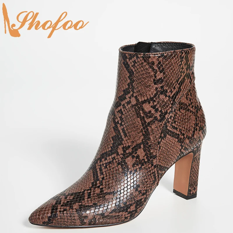 

Brown Snakeskin Booties Pointed Toe High Block Heels Zipper Woman Lady Mature Fashion Shoes Large Size 12 15 Ankle Boots Shofoo