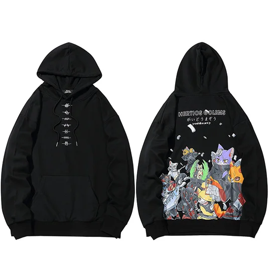 A11622 Black Мужская толстовка в стиле хип-хоп, толстовка с капюшоном, аниме, кошка, японская одежда в уличном стиле с принтом из мультфильмов, Harajuku, худи, пуловер, свободные осенние черные свитшоты - Цвет: A11622 Black