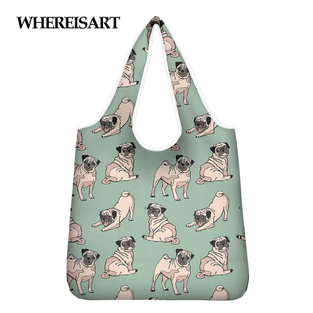 

WHEREISART Large Capacity Puppy Pug Shopping Bags Custom Eco Friendly Folding Grocery Bag Foldable Travel Shoulder Handbags
