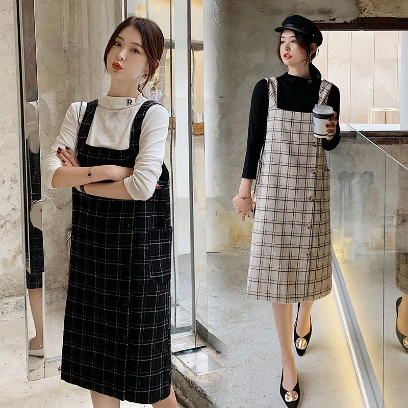 

2019 Autumn New Style Fashion Base T-shirt + Woolen Plaid Suspender Skirt Two-Piece Set Maternity Clothes