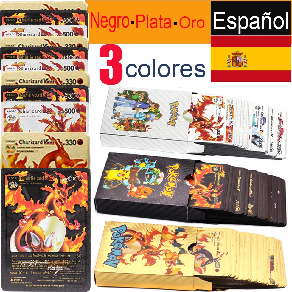 54pcs English/Spanish/French Pokemon Gold Card Box Golden Letters Cards Metalicas Vmax Gx Collection Game Case Toy | Игрушки и хобби