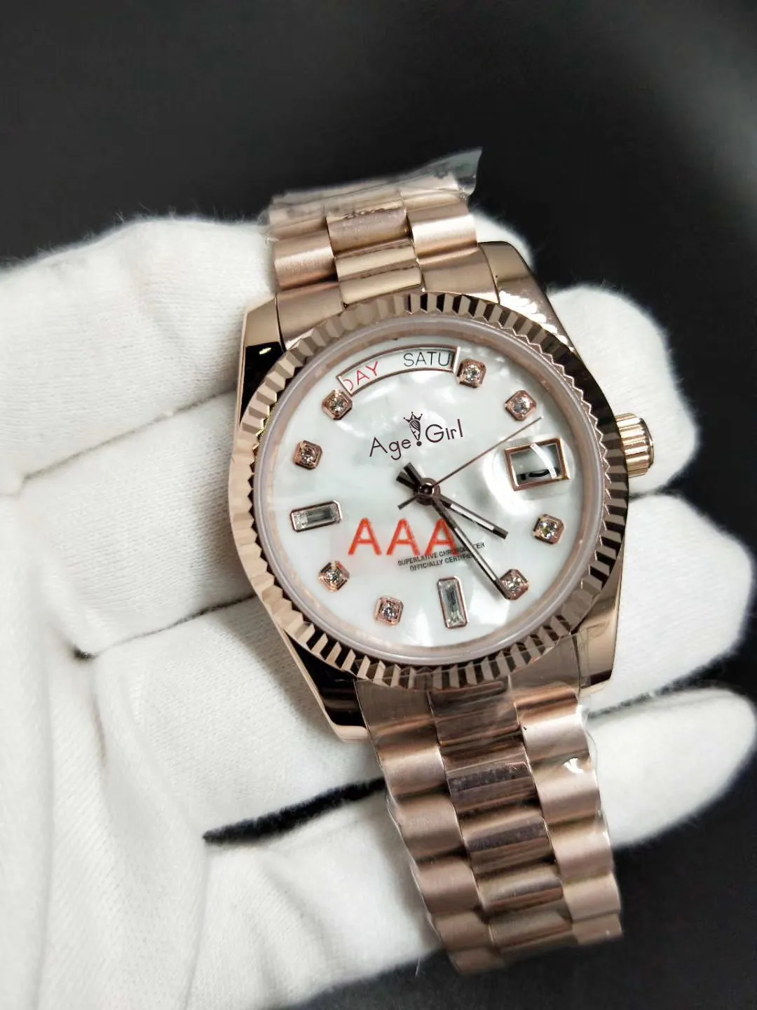 

Luxury Brand New Men Daydate Rose Gold Diamonds Shell Dial Automatic Mechanical Stainless Steel Sapphire Coffee Black Watch 36mm