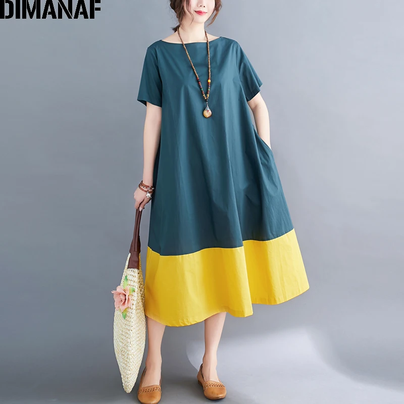 

DIMANAF Plus Size Women Dress Summer Sundress A-Line Solid Spliced Loose Vintage Female Lady Vestidos Elegant Dress Clothing