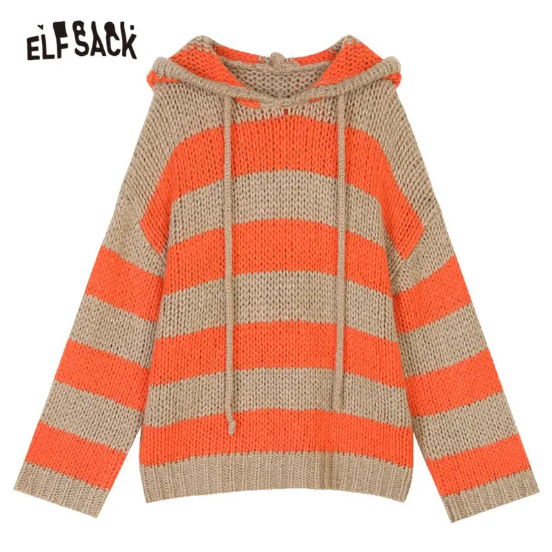 ELFSACK оранжевый полосатый свитер для повседневной носки Зимняя одежда Для женщин трикотажный топ осень в Корейском стиле; свободные женские свитера