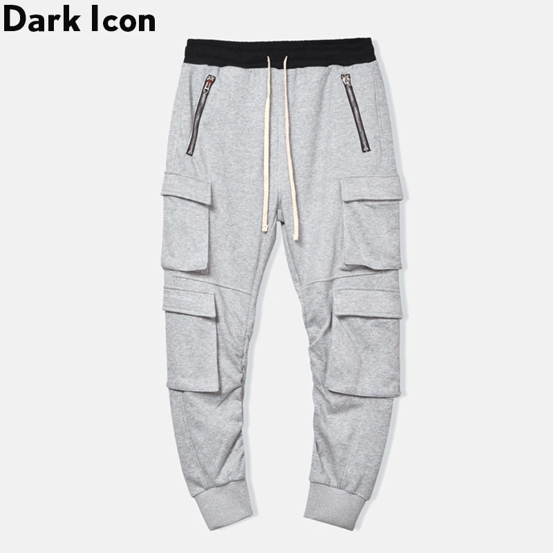 Dark Icon Side Pockets Cargo Sweatpants Men Elastic Waist Drawstring High Street Jogging Pants Men's Trousers