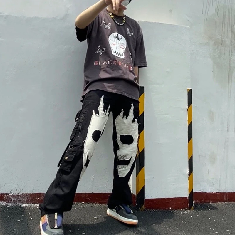 sports track pants Skull Embroidery Cargo Pants Men Harajuku Hip Hop Multi-pocket Trousers Elastic Waist Overalls Loose Streetwear Trousers Unisex running track pants