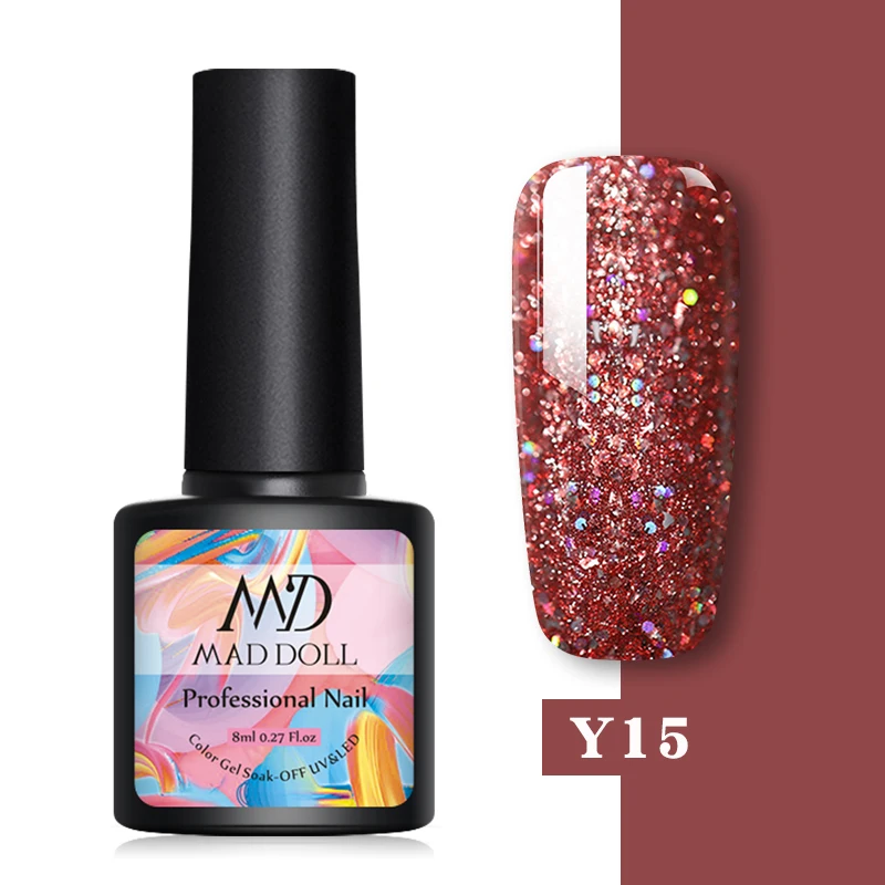 Y15 MAD DOLL, 8 мл, Платиновый УФ-гель для ногтей, голографический цвет, яркий блеск, блестки, Гель-лак, замачиваемый, УФ светодиодный, Цветной Гель-лак, сделай сам - Цвет: Y15