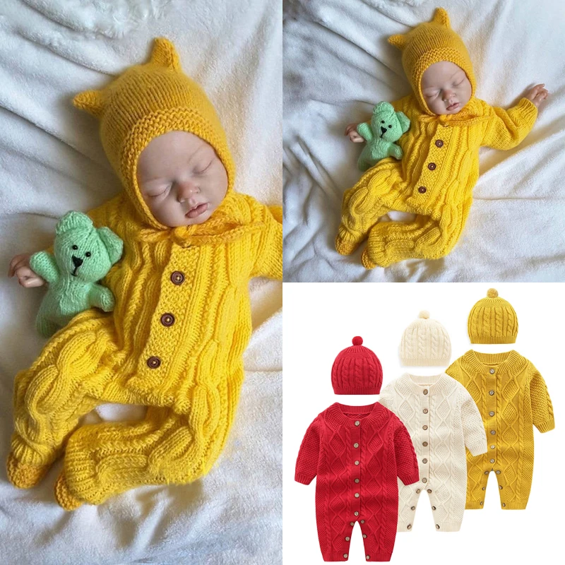 Детская одежда для маленьких мальчиков и девочек теплая дутая куртка для младенцев вязаный свитер Одноцветный для малышей, комбинезон+ шапочка, комплект из 2 шт. Комбинезоны одежда, свитер, верхняя одежда