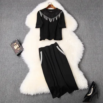 

Women chain tassel fring tops black lace inset blouse skirt set new 2020 fashion pencil skirts sexy two piece club wear