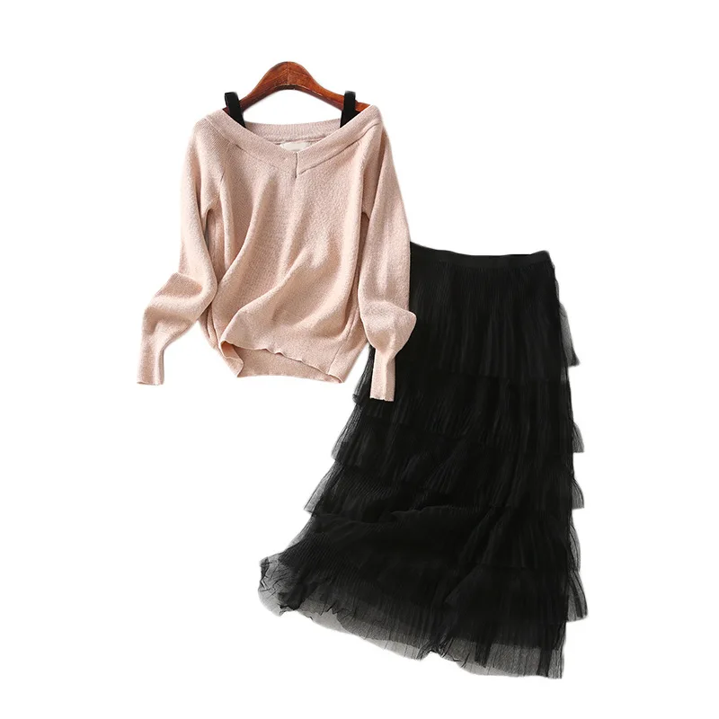 

One's Horizontal Neck Sweater Elastic Waist Cake Gauze Skirt Two-Piece Set Entity