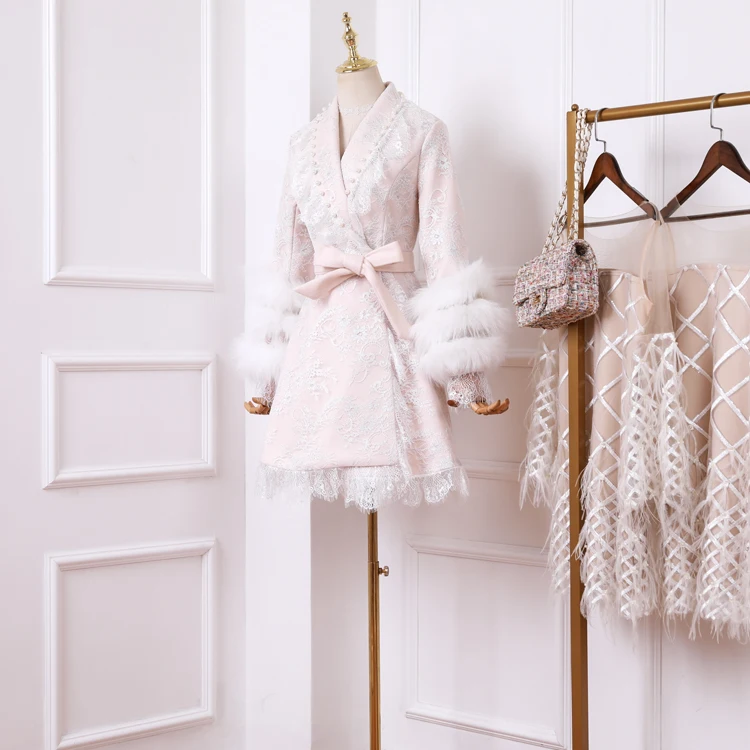 Зимнее женское пальто, винтажное шерстяное с бусинами, с кружевным поясом, имитация лисьего меха, пальто для женщин, шерстяное пальто, розовое манто Femme