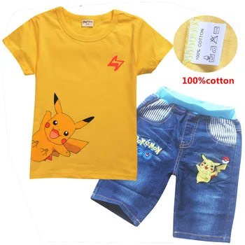 

2-10Y 2020 Summer Cotton Pokemon Go Clothing Sets Kids Boys Clothes Pikachu Baby Girls T-Shirt+Jeans Cool Denim Shorts 2pcs Suit