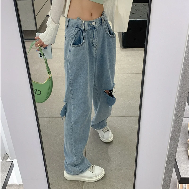 

Shnsophi Autumn Vintage Womens High Waisted Wide Leg Blue Jeans Mom Full Length Hole Denim Jean Boyfriend Femme Korean Clothes