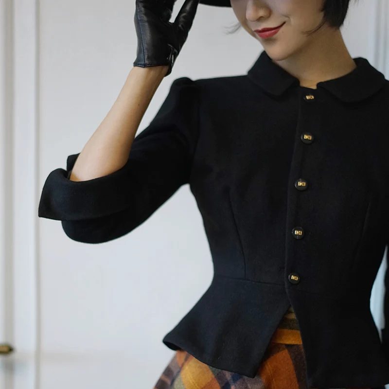 Women\u2019s Black Mod Jacket 60's style Cardigan Pockets & BOW at back \u2013 Black Shawl Audrey Hepburn style \u2013 Made in USA \u2013 Small