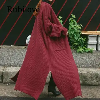 

Vintage Korean Long Cardigan Women 2019 Autumn Winter Coat Pockets Slit Long Sleeve Plus Size Thick Knitted Sweater pull femme