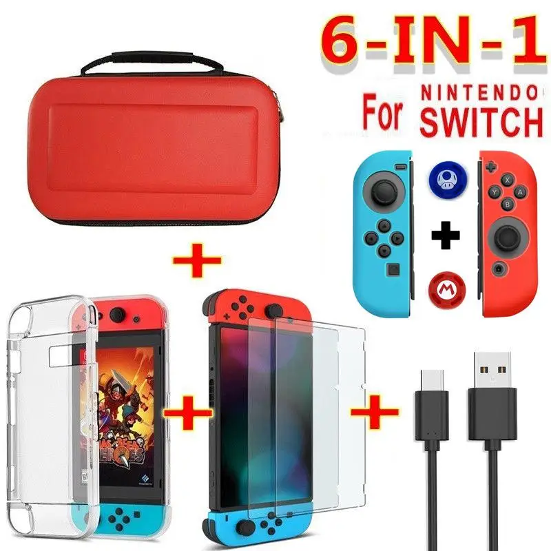 red 6 в 1 Набор аксессуаров для игр, сумка для переноски, защитный чехол для экрана, кабель для зарядки - Color: red