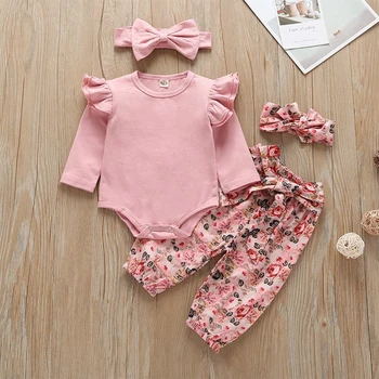 

2020 Spring Cotton Newborn Floral Long Sleeve Girls Infant Baby Romper + Pants Clothes