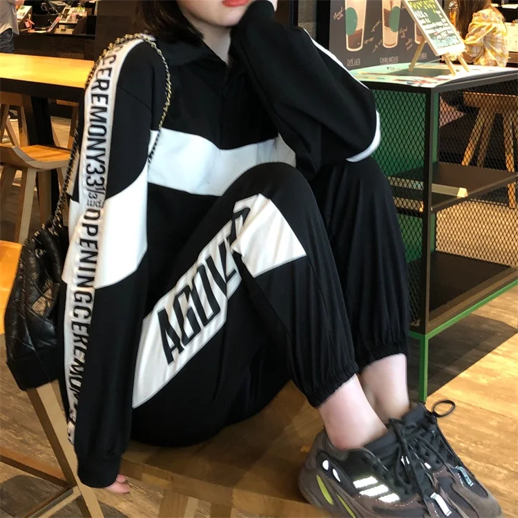 2019 осенне-зимний Новый женский комплект из двух предметов, корейский Модный повседневный спортивный костюм Harajuku с буквенным принтом