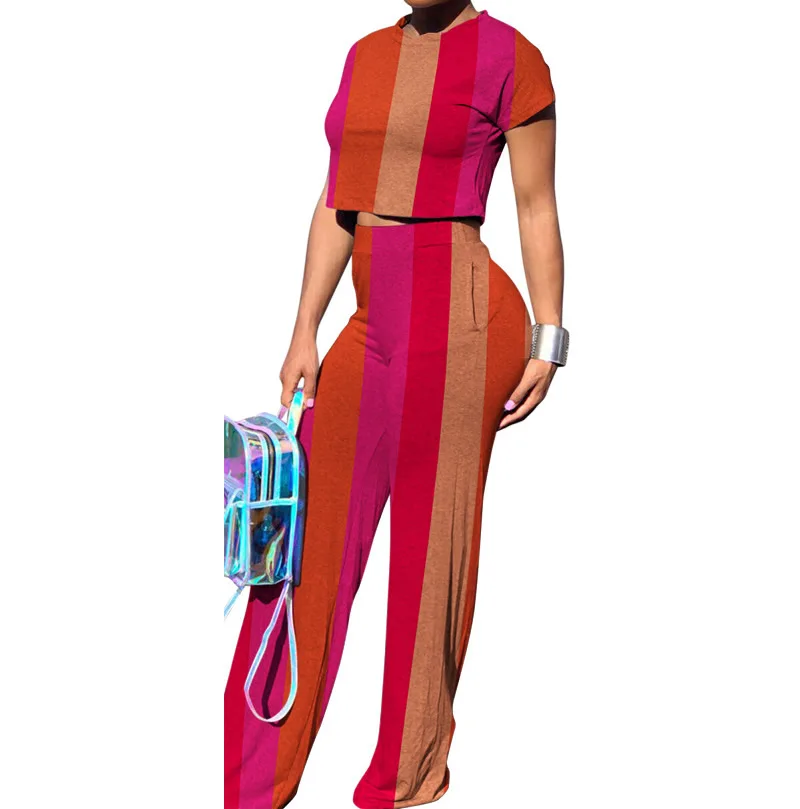 

Woman 2 Pieces Sets Ladies Vacation Two Piece Set Outfits Striped Summer Crop Top And Wide Leg Pants Plus Size Tracksuits 2019