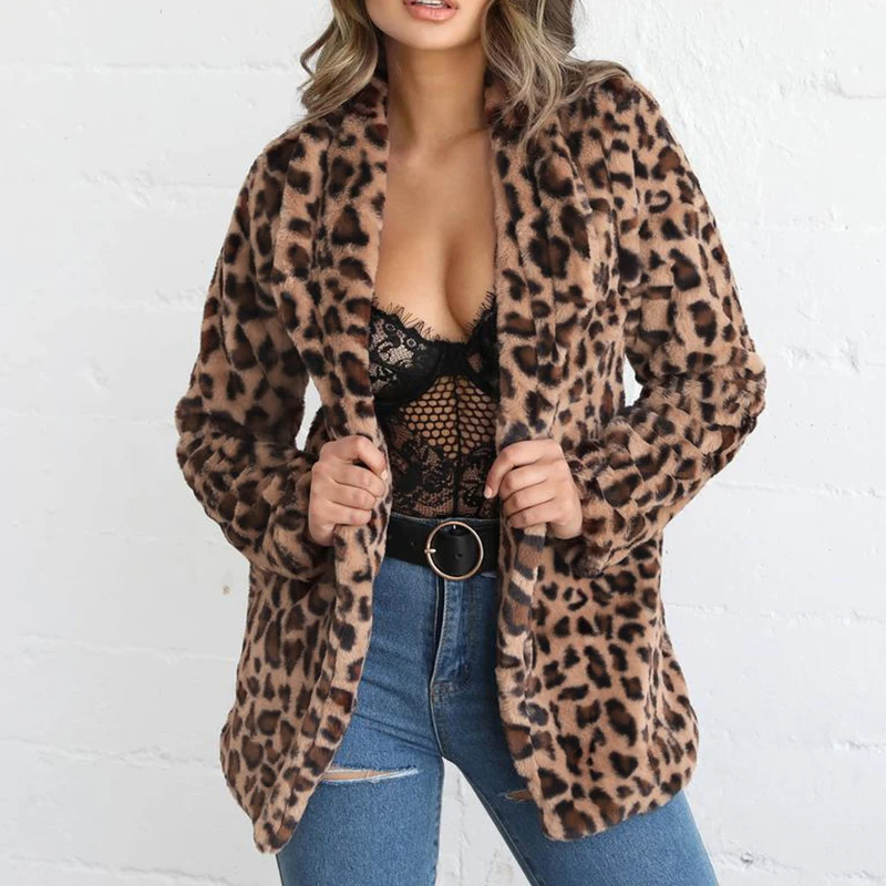 Женская куртка из искусственного меха, пальто, модное пальто с леопардовым принтом, шаль, воротник, длинные рукава, элегантные осенне-зимние теплые пальто, верхняя одежда
