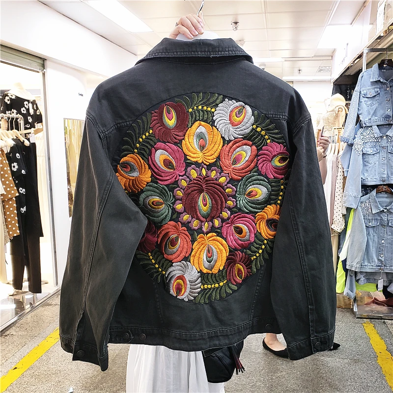 

Embroidery Flower Women Denim Jacket Washed Profile Oversize Black Denim Jacket Casual Coat Women