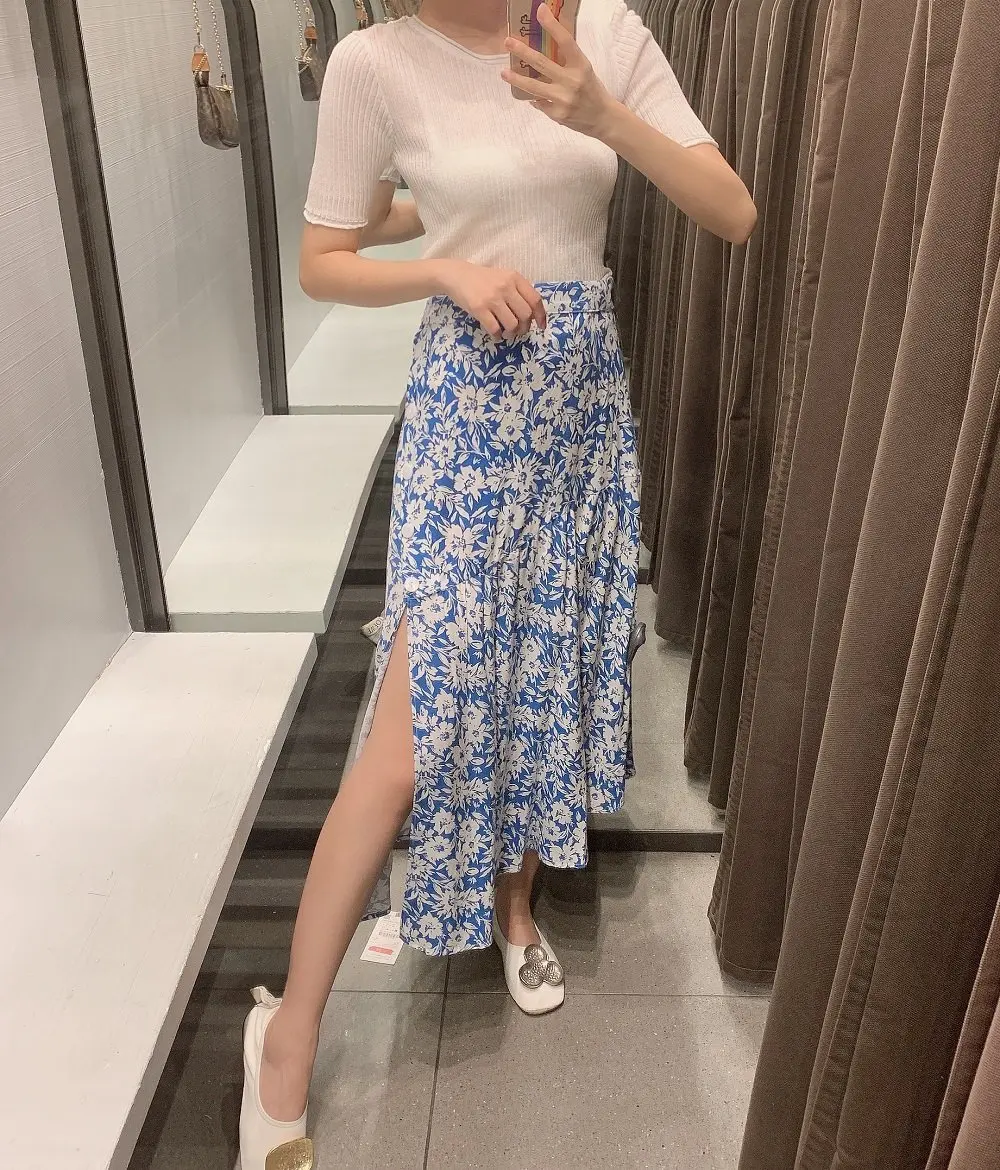 

Women's Western Style Summer New Style Vacation Style Retro Flower Printed A- line Mid-length High-waisted Slit Skirt
