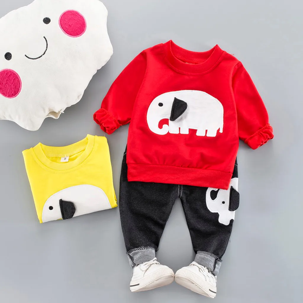 

Autumn New Fashion Kid Baby Boy Cartoon Elephant Long Sleeve T-shirt Tops +Denim Pants Outfit Set Free Ship roupa infantil Z4