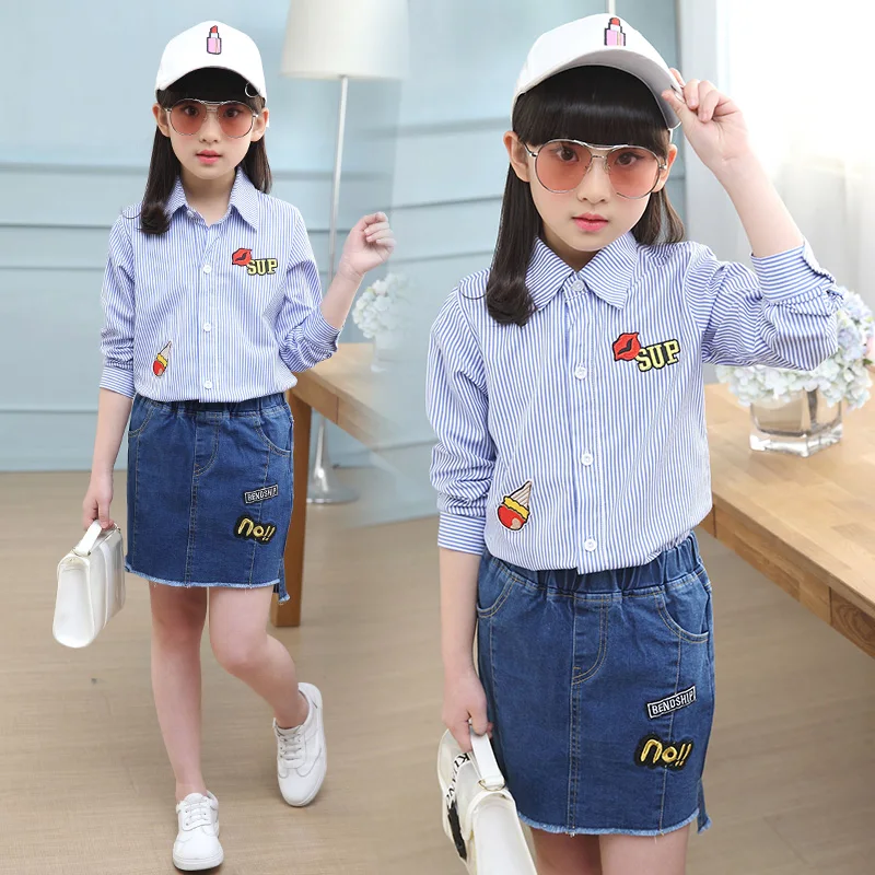 

2019 Kids Clothing Set for autumn girls Jeans skirt+ stripe shirt 2pcs set for 6 7 8 9 12 15 year children girls outfit DX03029