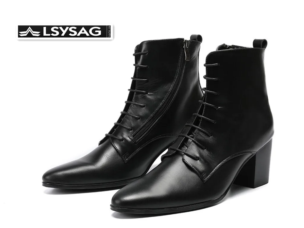 

Fashion Increase Height Men Genuine Leather Boots Lace Up Pointed Toe Men Ankle Boots Big Size Club Stage Shoes