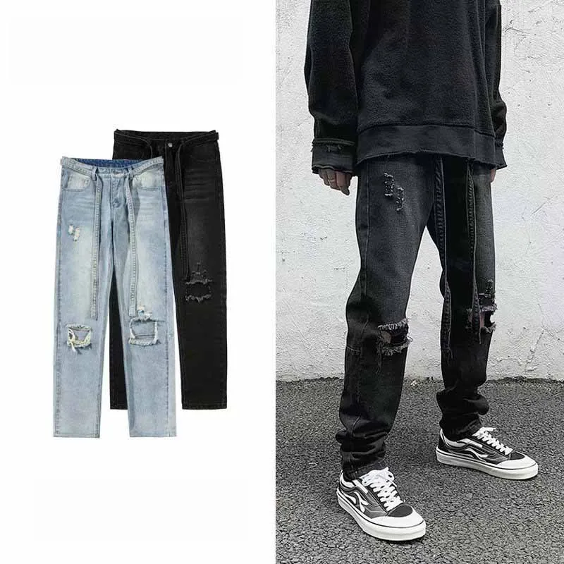 ICCLEK Retro Washed Ripped Jeans 2021 European and American High Street Jeans Fashion Trousers Black Jeans  Straight Leg Jeans