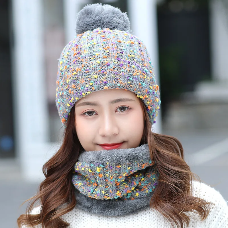 Fashion Winter Hat Scarf Set For Women Girl Warm Beanies Cap Lady Ring Scarf Pompoms Winter Hats Knitted Caps Scarf 2 Pieces - Цвет: grey