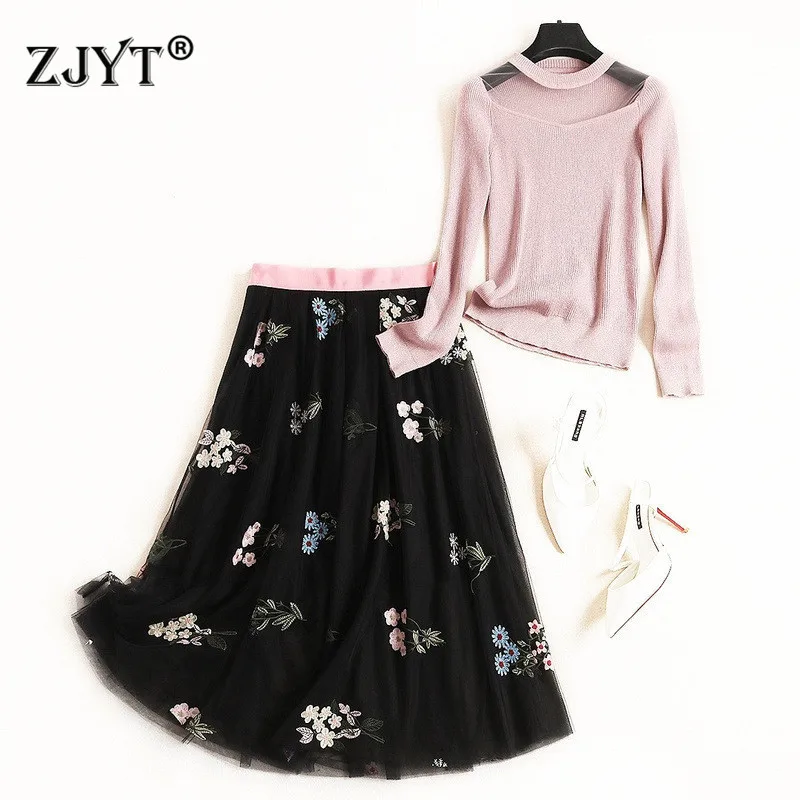 

Autumn Sweater Skirt 2 piece Set Women 2019 New Designer Long Sleeve Pullover Sexy Knit Top Embroidery Tulle Skirt Twinset