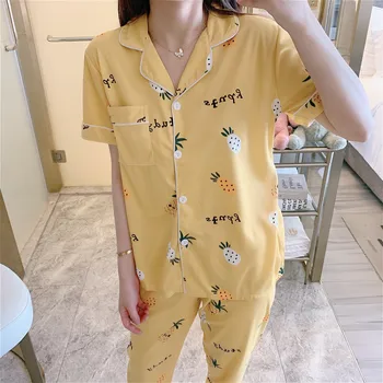 

Summer Women Short Sleeve Pajamas Set Trousers Top Sleepwear Two Piece Home Pyjamas Suit Yellow Pineapple Lapel Cardigan Pajama