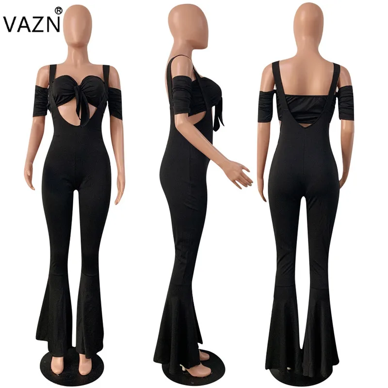 VAZN OFN6288 новые сексуальные Клубные специальные открытые модные однотонные с коротким рукавом без бретелек открытые бандажные Топы женские расклешенные jumpwuit