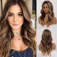 EASIHAIR Long Wavy Brown Wigs With Blonde Highlights Synthetic Wigs for Black Women Daily Cosplay Wigs Heat Resistant Hair Wigs 1