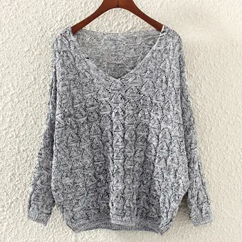 

2019 Women's V-Neck Hollow Out Pullovers Sweater Tops Bat Long Sleeve Loose V Collar Knitwear Punk Pullovers Sweater Feminino