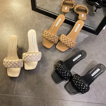 

SLHJC Women Summer Slippers 7 cm High Thin Heel Leather Sandals Open Toe Stiletto Heels Summer Slides Drags Club Pumps Shoes