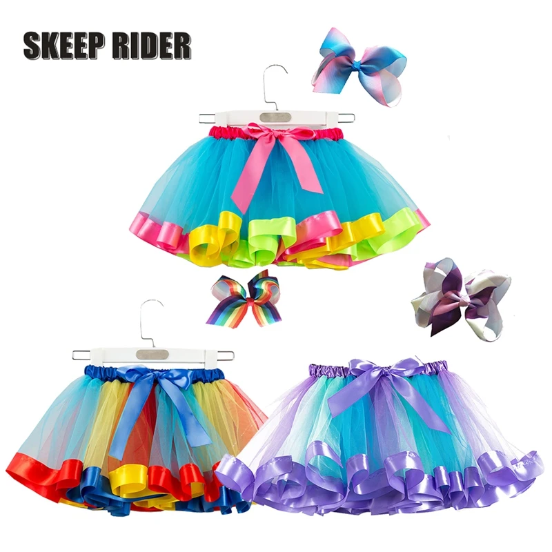 

20 Colors 2-11 Years Sequin-Bow Headwear Blue Kids Skirt Girls Princess Mesh Rainbow Girl Tutu Costume Summer Baby Girl Clothes