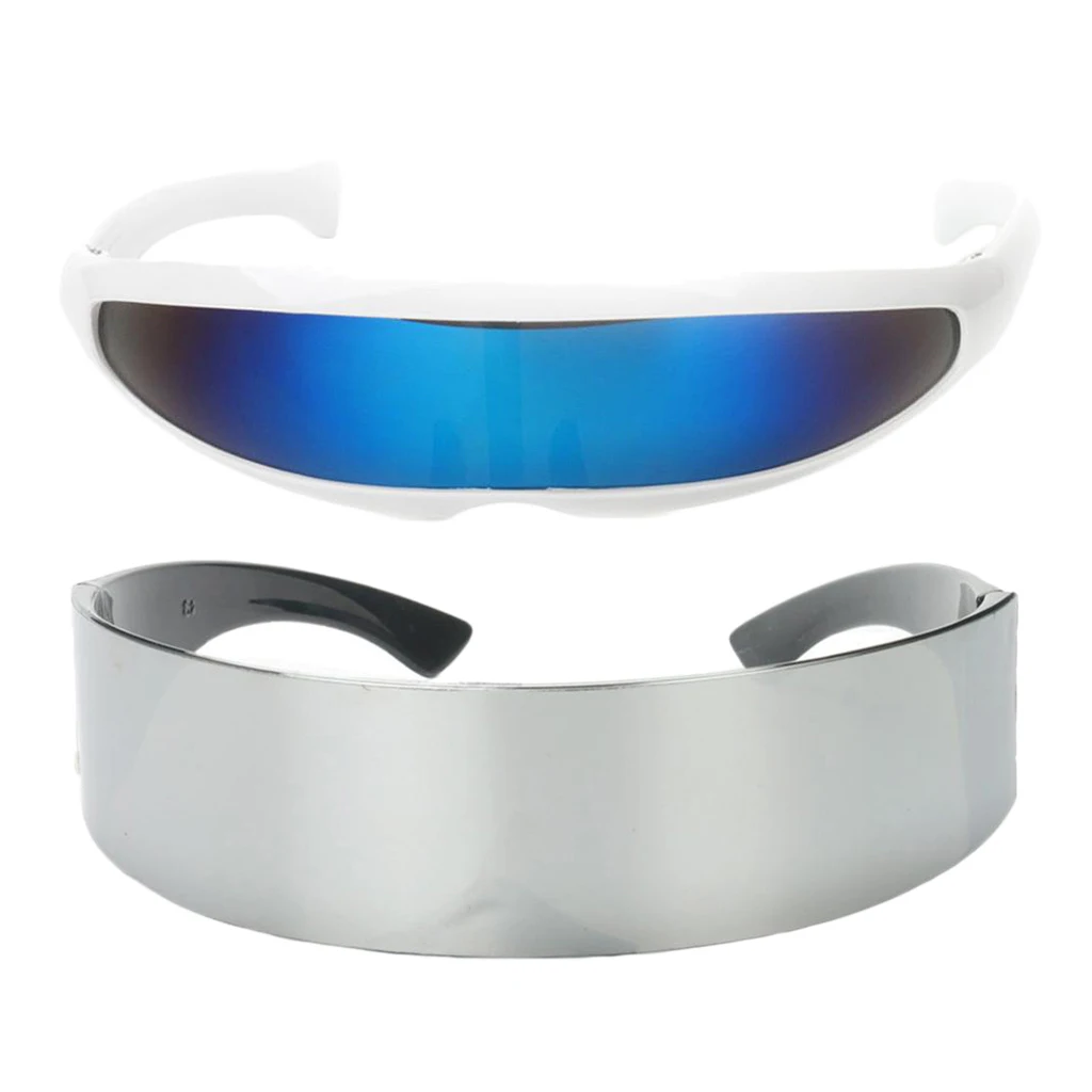 2 Pieces Futuristic Shield Sunglasses Monoblock Cyclop Eyewear Silver & Blue for birthday cosplay party unisex adults and kids