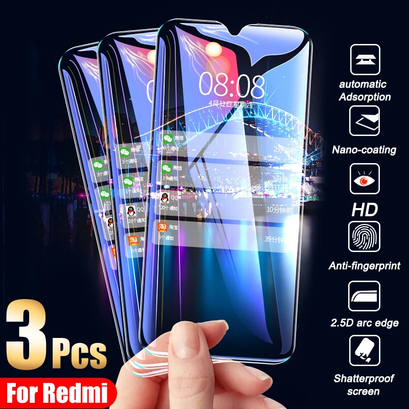 3 uds funda completa templada de vidrio para Redmi Note 8 7 Pro 8A 7A 8T pantalla Protector de vidrio en Redmi 7 8 de borde curvo