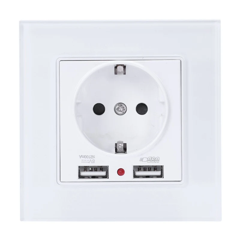 

Glass Panel Wall Power Socket Grounded 16A Eu Standard Electrical Outlet With 2100Ma Dual Usb Charger Port For Mobile