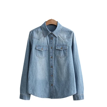 

Classical Style 2020 Summer Women Blouse And Shirts Denim Blue Jeans Loose Lady Elegant Pockets Shirts Tops