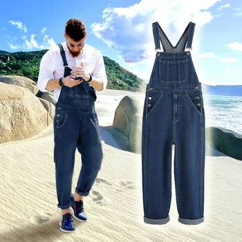 

Spring new denim overalls men's casual loose tooling Siamese trousers size S-3XL