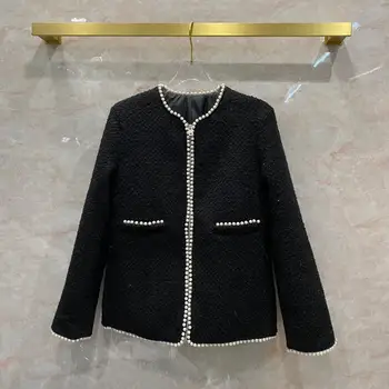 

Luxury Brand Blazer Women 2020 Autumn Vintage New Woven Tweed Blazer Contrast Color Fashion O-neck Long Sleeve Pearls Slim Coats