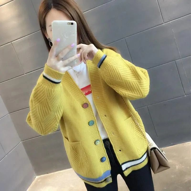 ^Cheap Fashion Striped Knitted Cardigans 2019 Autumn Warm Sweater Women V-Neck Long Sleeve Cardigan Button Pocket Knit Tops