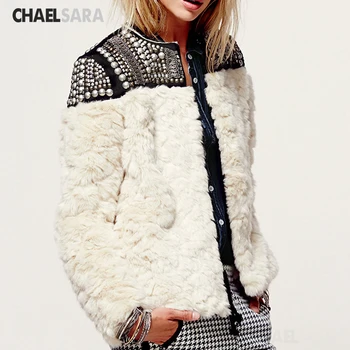 

Women Winter Real Rabbit Fur Jakcet Fashion Long Sleeve Beading Patchwork Thick Warm Coat