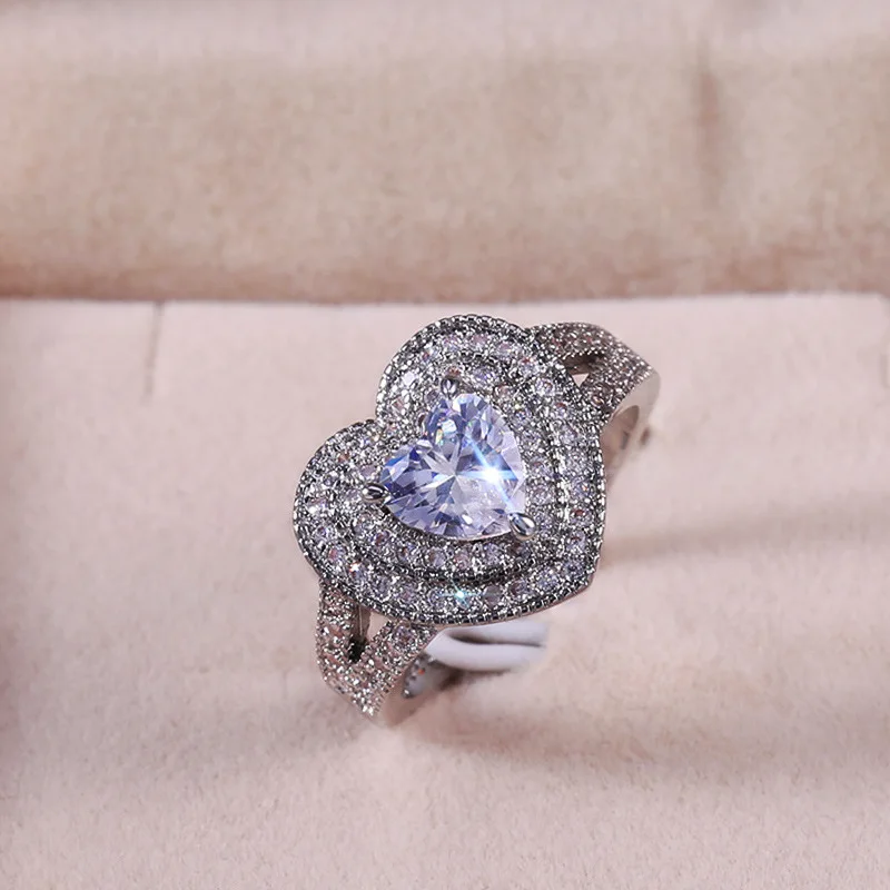 Роскошное женское кольцо с большим сердцем, модное обручальное кольцо с кристаллами и цирконием для женщин, милое романтическое серебряное обручальное кольцо