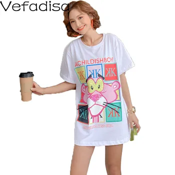 

Vefadisa Letter And Cartoon Print Women T-shirt 2020 Summer Sequin Short Sleeve T-shirt Casual Women Top Black White QYF2318