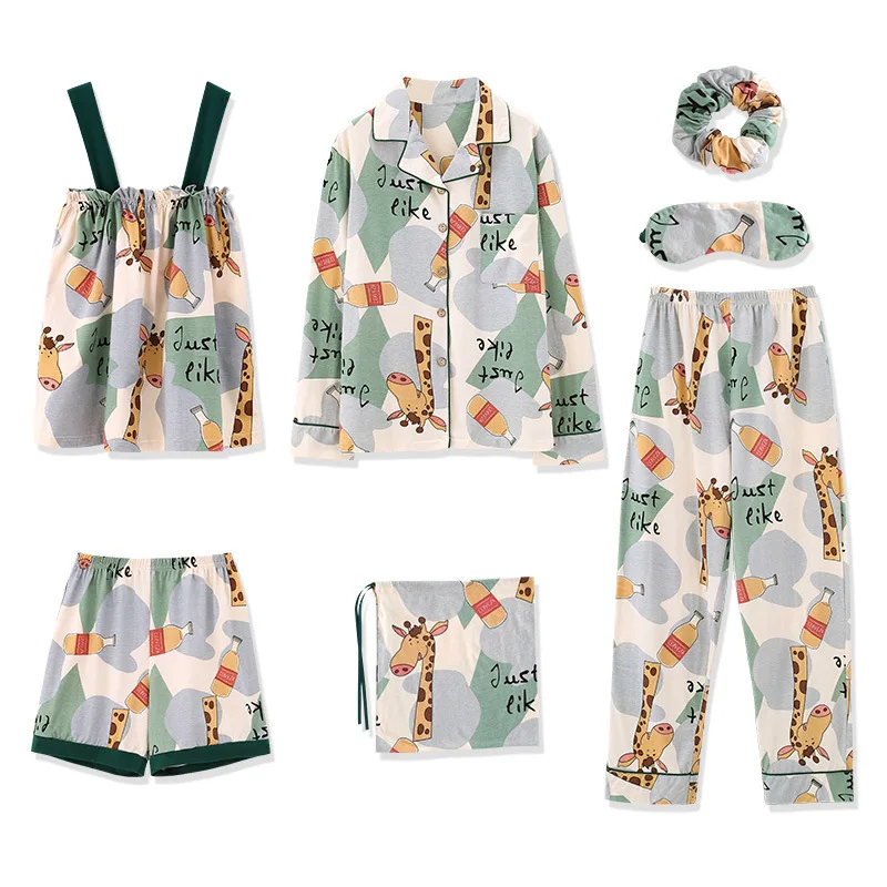 

Pajamas Women's Spring And Autumn 100% Pure Cotton Long Sleeve Trousers Crew Neck Women's Thin Nursing Home Wear 7-Piece Set